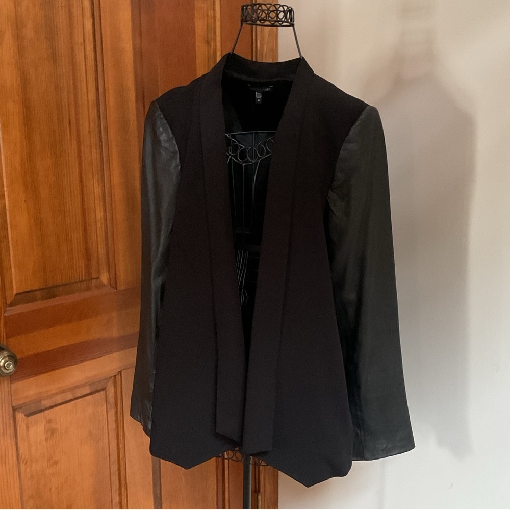 Eileen fisher leather sleeved open front jacket, black, medium